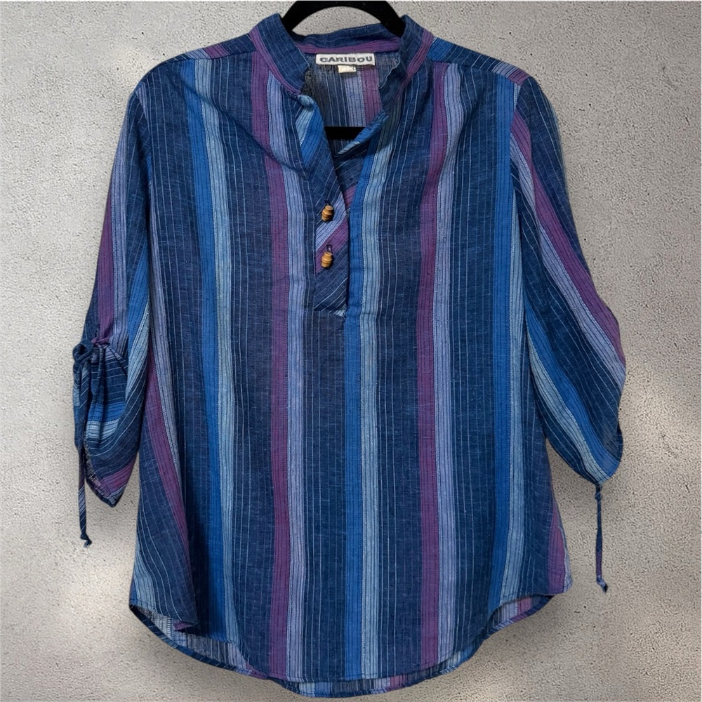 Vintage 80s Caribou Pullover Shirt With Wooden Toggle Buttons & Tie Up Sleeves
